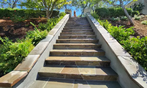 Stone garden staircase with capped retaining walls and surrounding planting.
