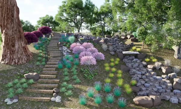 Landscape design rendering with hillside steps and planting.